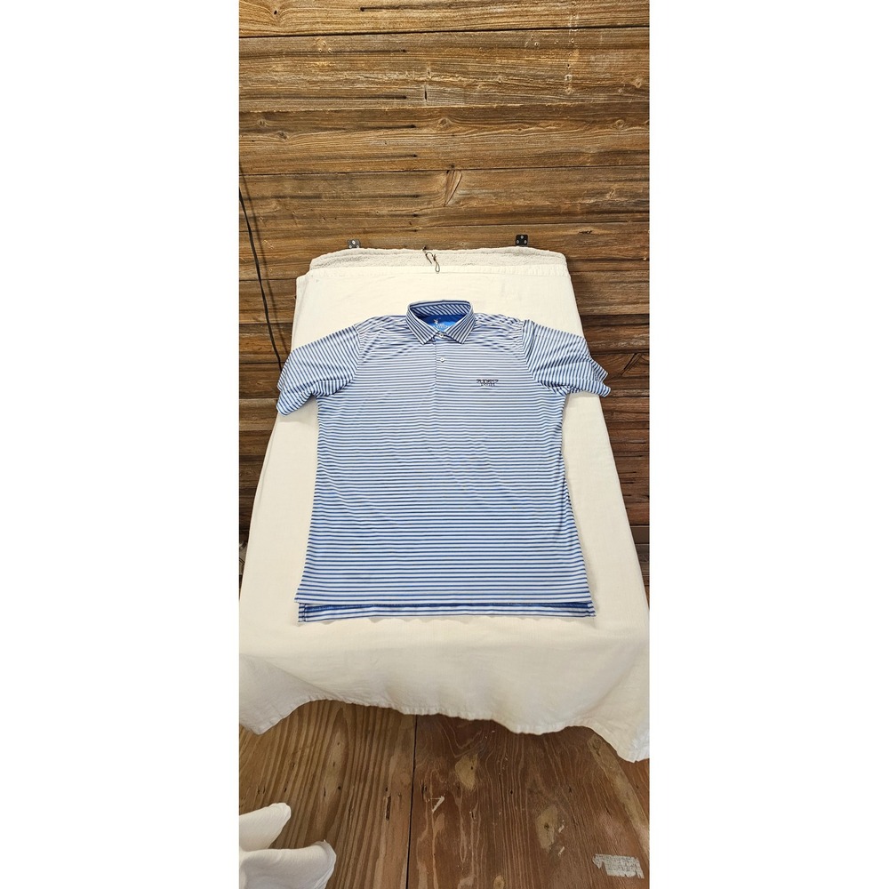 F&G Tech Mens Sharks Tooth Golf Polo Shirt Blue White Striped Large L